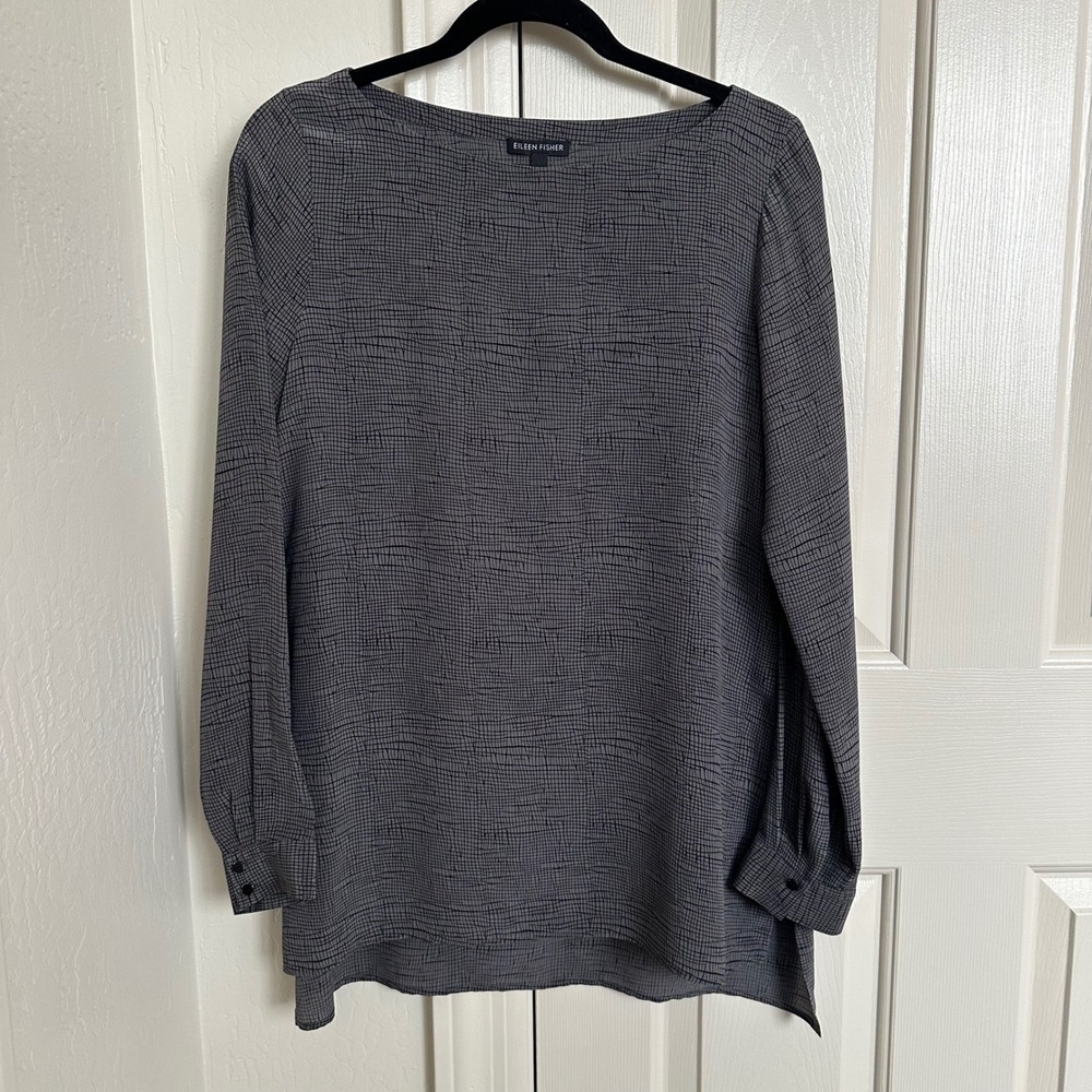 Eileen Fisher 100% Silk Grid Print Boatneck Tunic Blouse Gray XS